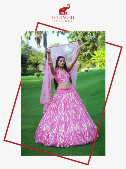 This blush pink lehenga is a whole mood. I designed it to be light, graceful, and full of shimmering sequins so you can twirl effortlessly and feel like the main character. It’s perfect for sangeet nights or a daytime wedding.