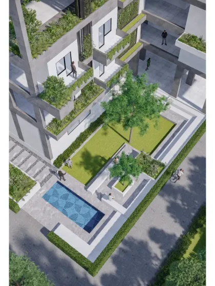 A detail of the ground-level amenities at Urban Nest, including a swimming pool and landscaped garden. These spaces are designed to be uplifting and improve the daily life of the residents by providing areas for relaxation and recreation.