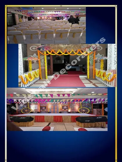 This collage shows how I can execute a single theme across the entire venue. It features a traditional village theme with a marigold entrance, coordinated guest seating, and a matching stage setup.