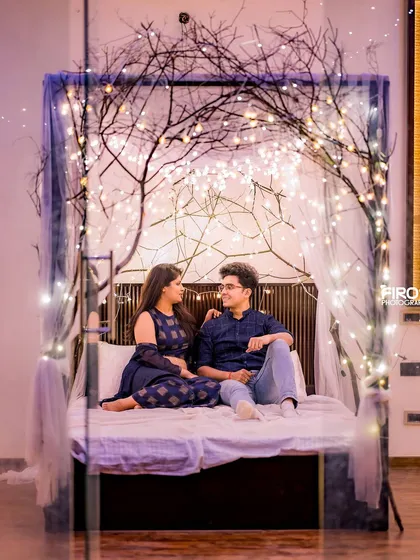 A cozy and romantic shot in our indoor bed set, perfect for a relaxed and intimate photoshoot.