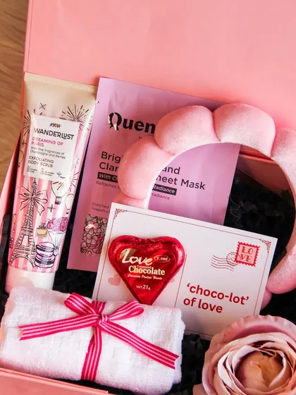 A 'Love & Glow' spa-themed hamper perfect for Valentine's Day, Galentine's Day, or just to show someone you care. It's packed with face masks, scrubs, and other pampering treats.
