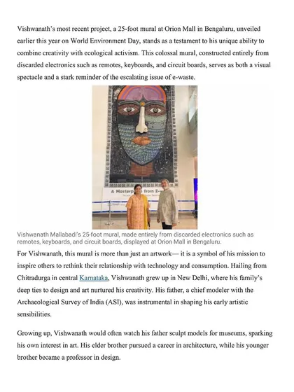 This photo from the Indian Express captures a proud moment for my wife and me, standing before the 25-foot 'Sanketana' mural at its unveiling. This project was a testament to combining creativity with ecological activism on a large public scale.