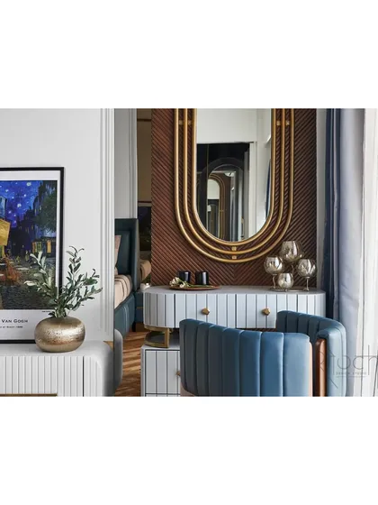 A detail shot from the magazine feature, showing the elegant dressing area with its custom mirror and chair.