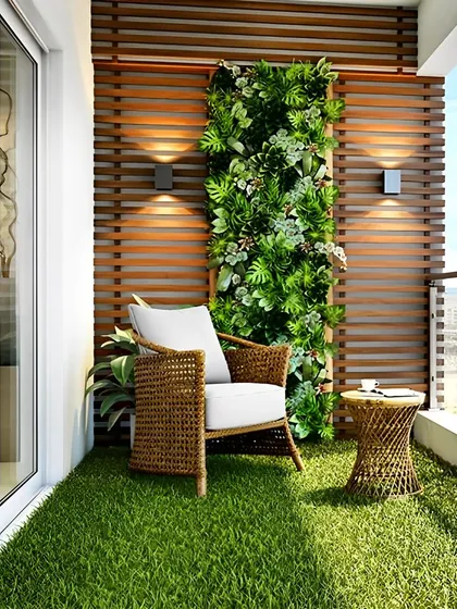 Even a small apartment balcony can become a personal retreat. Here, I used soft artificial grass, a comfortable wicker armchair, and a space-saving vertical garden mounted on a wooden slatted wall. This cozy balcony design provides a perfect spot for a morning coffee with a view.