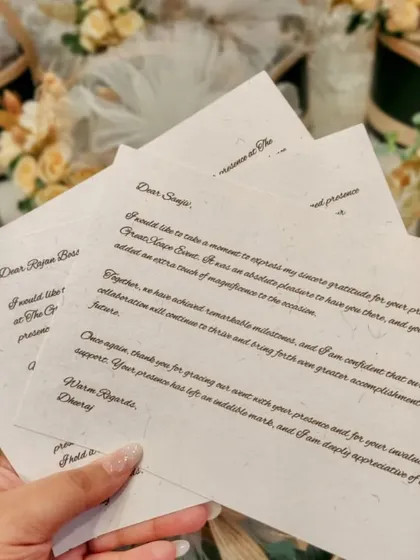 Personalized notes on seed paper included in the Yes Bank corporate hampers. Adding a handwritten, personal message is a simple way to make a corporate gift feel more thoughtful and special.