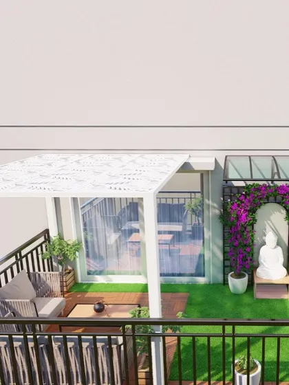 An overhead view of the terrace design, showing how all the elements come together. The layout provides distinct areas for lounging and meditation, making the most of a small space.