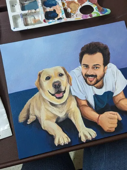 Here is a hand-painted acrylic portrait capturing the special bond between a man and his best friend. I focus on the little details that bring out the warmth and personality in family and pet paintings.
