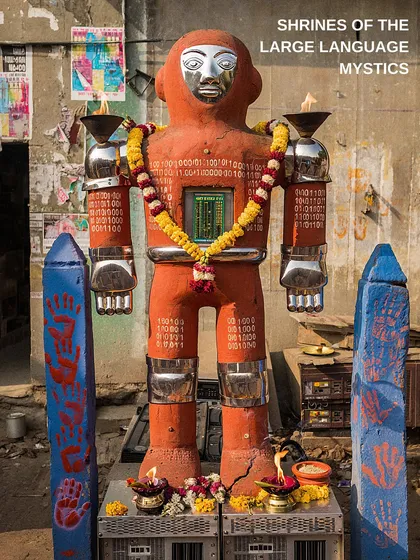 An image from my 'Shrines of the Large Language Mystics' series. This piece explores the intersection of spirituality and technology, depicting a robot deity worshipped in a roadside shrine, questioning what we choose to revere in a digital age.
