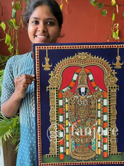 To teach and spread this art form brings us utmost joy. Our student Sindu with her beautiful Tanjore painting of Lord Balaji.