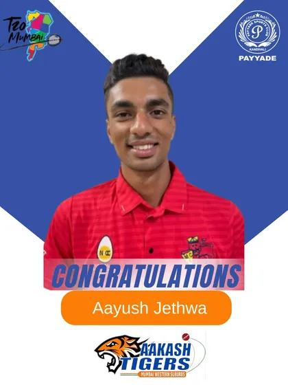 Congratulations to Aayush Jethwa on joining the Aakash Tigers for the T20 Mumbai League. We are excited to watch him compete and excel in the tournament.