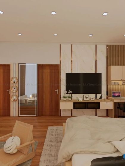 This angle shows the integrated TV and study unit in the minimalist bedroom, demonstrating smart use of space.