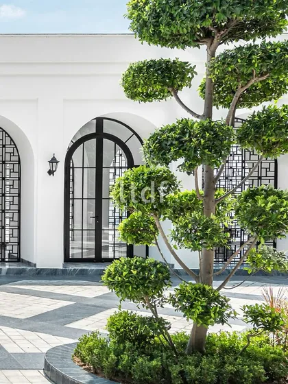 The colonnaded entrance and elegant arches of this residence beautifully blend classical charm with modern luxury. A manicured tree stands in contrast to the formal geometry of the architecture, adding a touch of nature's artistry.