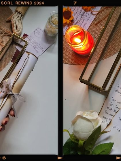 A film-style collage showing the process of creating and boxing a vintage handwritten letter. It’s a perfect gift to make your partner feel special.