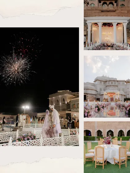 A collage capturing the essence of a Jaipur palace wedding, from the fireworks over the venue to the intimate moments and grand decor.