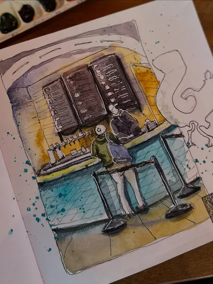 A watercolour and ink sketch of the counter at Mighty Squirrel Brewing Co. in Boston. I left the squirrel logo as a blank outline for a playful touch.