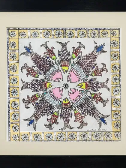 A beautiful Madhubani mandala by artist Pramod, featuring a circle of fish. This symmetrical composition is a classic motif in Mithila art, symbolizing unity and the cycle of life.