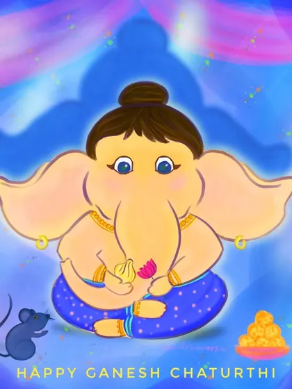 A charming character illustration of a baby Lord Ganesha, designed with soft colors and a playful style for the Ganesh Chaturthi festival.