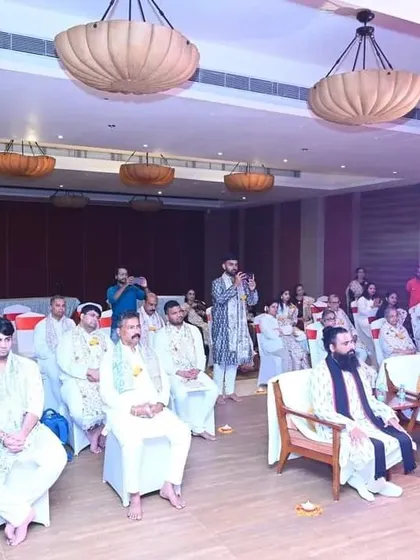 An indoor Satsang session during our Puri Yatra. Even amidst our excursions, we dedicate ample time for deep meditation and spiritual discourse.