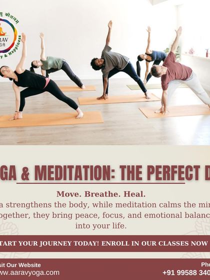 Yoga and meditation are the perfect duo. This image of a group class in a dynamic pose illustrates how we combine movement to strengthen the body with mindfulness to calm the mind.