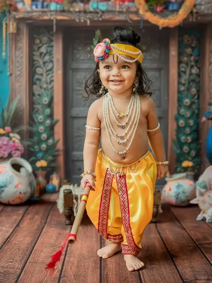 A happy toddler dressed as Krishna, standing confidently with his flute.