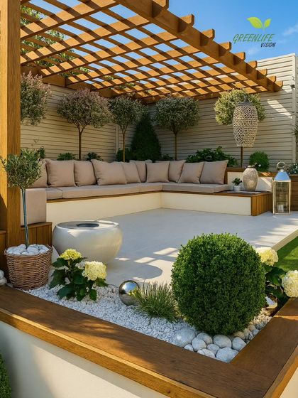 This terrace design combines a built-in concrete and wood bench with a modern pergola and manicured planters. The use of white pebbles and spherical topiary adds a touch of formal elegance.