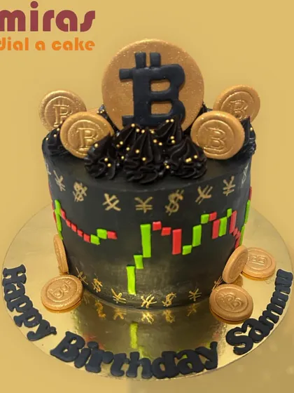 I designed this cake for a fintech professional's birthday, capturing the dynamic world of cryptocurrency. The design features a bold Bitcoin logo, edible gold coins, and a stock market chart, all on a rich, dark chocolate cake.