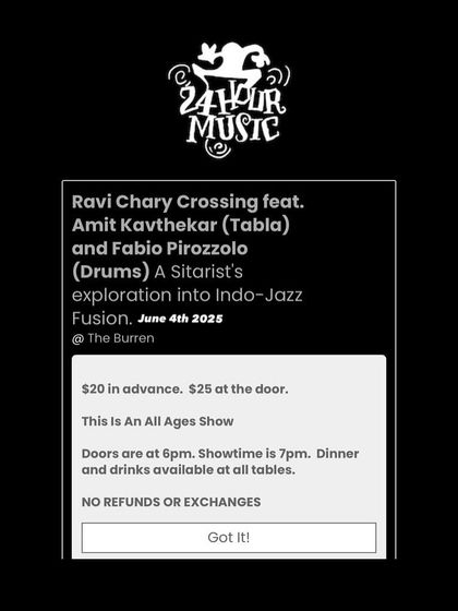 The ticket information for our Indo-Jazz Fusion show in Somerville, as part of the 'Ravi Chary Crossing' tour.