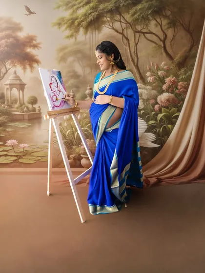 An artistic concept where the mom-to-be, dressed in a beautiful blue saree, is painting a picture of a goddess, connecting creativity and motherhood.