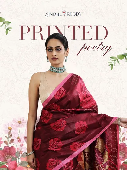 This graphic beautifully frames our maroon floral saree, a key piece from our "Printed Poetry" collection.