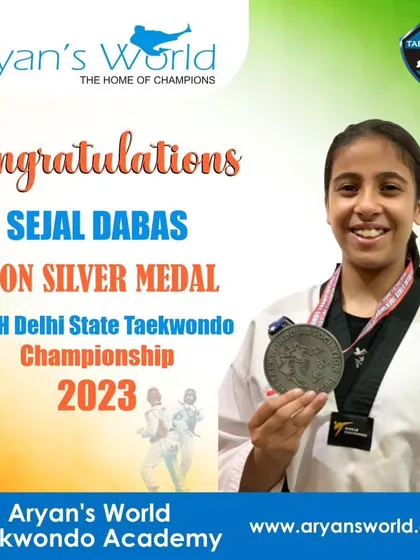 Sejal Dabas with her Silver Medal from the 39th Delhi State Taekwondo Championship 2023.