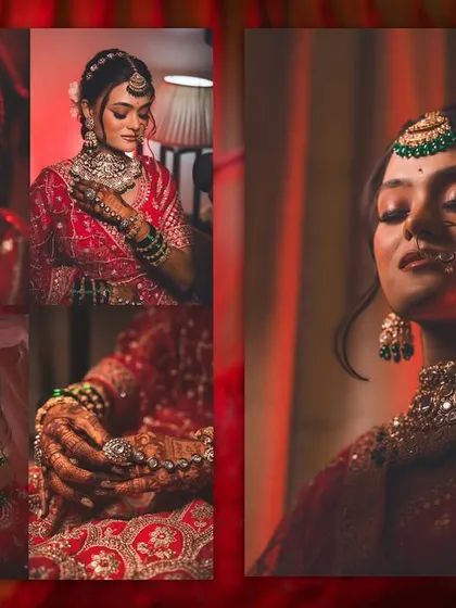 A collage showcasing the bride's portraits and details, from her jewelry to her happy smiles.
