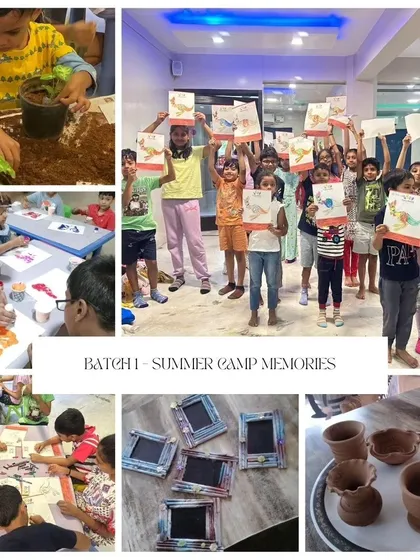 This collage captures the heart of our summer camps. It shows the variety of hands-on activities we offer, from getting creative with pottery and painting to learning about nature through planting.