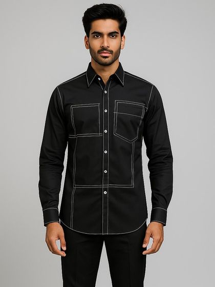 This medium shot provides a clear and direct view of the shirt's design, perfect for clients evaluating the pattern and fit of this custom piece.