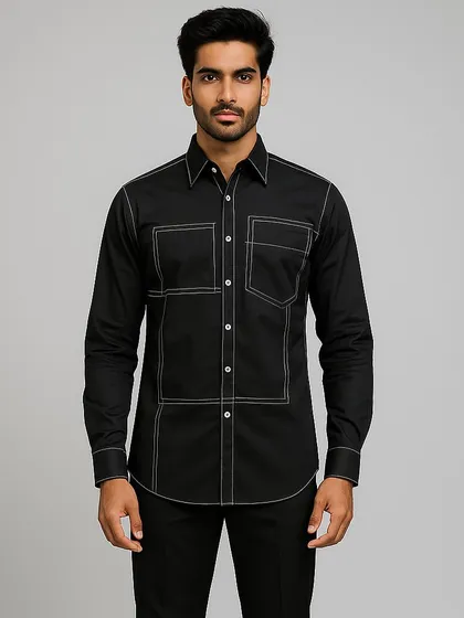 This medium shot provides a clear and direct view of the shirt's design, perfect for clients evaluating the pattern and fit of this custom piece.