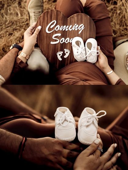 A collage focusing on the details of the announcement. The couple holds a "Coming Soon" sign and a pair of tiny white baby shoes over the bump.