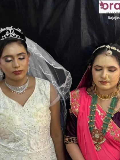 A closer look at the two distinct bridal styles, showcasing the soft elegance of the Christian bride and the vibrant colors of the Rajasthani bride.