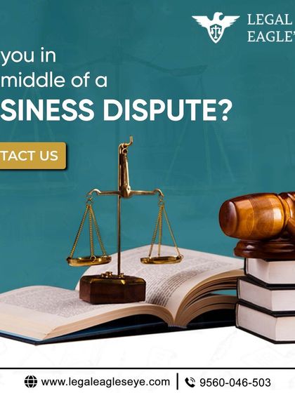 Are you in the middle of a business dispute? This graphic, featuring the scales of justice, signifies our commitment to navigating your disputes and protecting your interests.