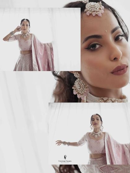 A stylish collage of the bride in her pastel pink engagement lehenga. The composition highlights her elegant poses and the beautiful details of her attire.