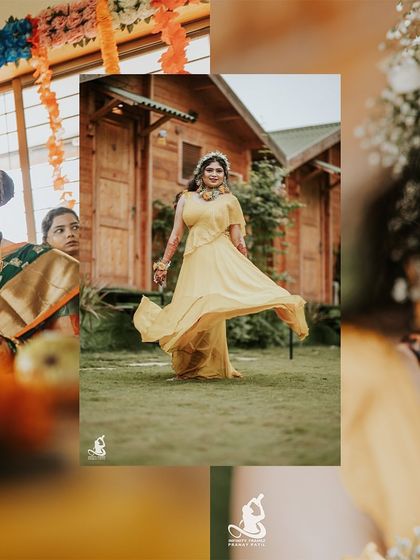 A collage from a Haldi ceremony, blending a full-length portrait of the bride with candid moments of family.
