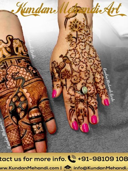 A beautiful design for Teej or Sawan, combining a full, intricate peacock design with a lighter floral vine.