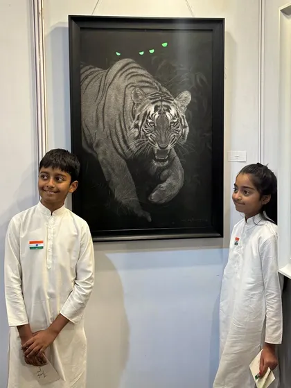 Film producer Deepshikha Deshmukh's children admiring my tiger artwork, 'Shambhu'. It is always special to see the younger generation connect with art.