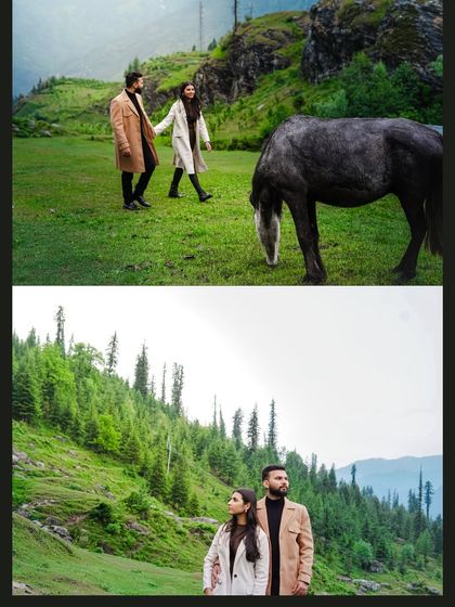 A collage showing the couple walking through a lush green meadow with a horse, capturing the rustic charm of Himachal.
