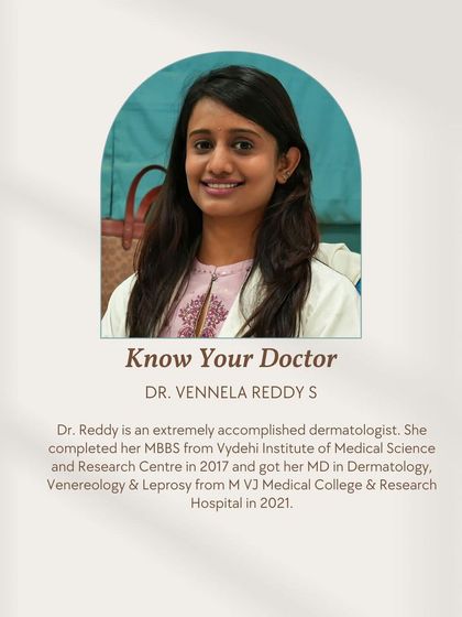 Meet Dr. Vennela Reddy S, an extremely accomplished dermatologist on our team. Her expertise in Dermatology, Venereology & Leprosy ensures our patients receive comprehensive and knowledgeable care.