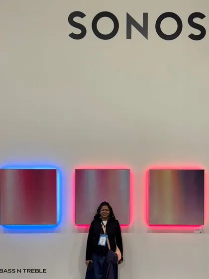 Jenny posing with the Sonos art-inspired speakers at the ISE expo in Barcelona. Sonos has always been a leader in combining design with technology, creating products that are as much a part of the home decor as they are a source of great sound.