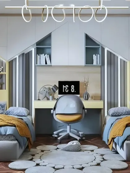 We specialize in creating beautiful, symmetrical shared rooms for siblings. This design provides each child with their own bed and personalized shelving, connected by a shared central desk for homework and creative projects.