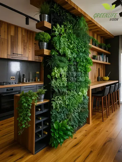 Greenery is not just for living rooms. This vertical garden acts as a natural, air-purifying divider in a modern kitchen, seamlessly integrating biophilic design with functional home architecture.