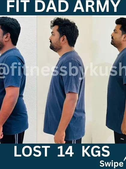 This is Vinay's mid-transformation progress, a chartered accountant who lost 14 kgs. We used a customized nutrition strategy with home-cooked meals like poha, eggs, and sprout salad, combined with short 20-minute home workouts. His weekly measurements show the consistent results.
