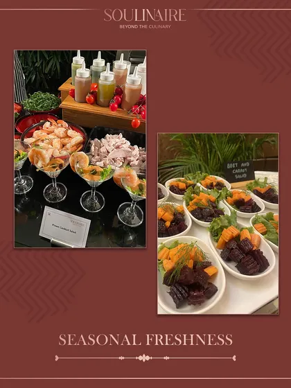 A collage celebrating seasonal freshness with a prawn cocktail bar and a beet and carrot salad. Our spring menus are all about flavour and finesse.