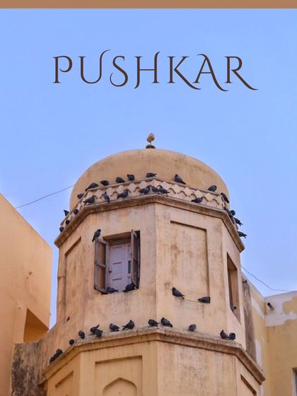 Pigeons rest on the dome of a building in Pushkar. This simple image, framed like a postcard, captures a peaceful evening in the holy town.