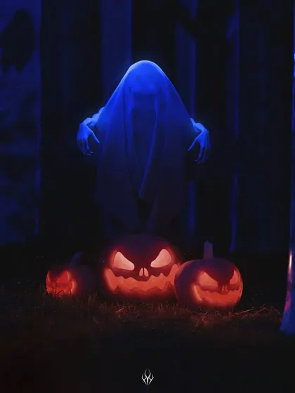 A classic Halloween scene with a spectral ghost figure and glowing jack-o'-lanterns. I used strong blue and orange contrast lighting to create a spooky but visually striking image perfect for seasonal horror themes.